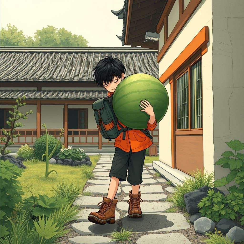 Playful Watermelon Thief in Traditional Japanese Yard