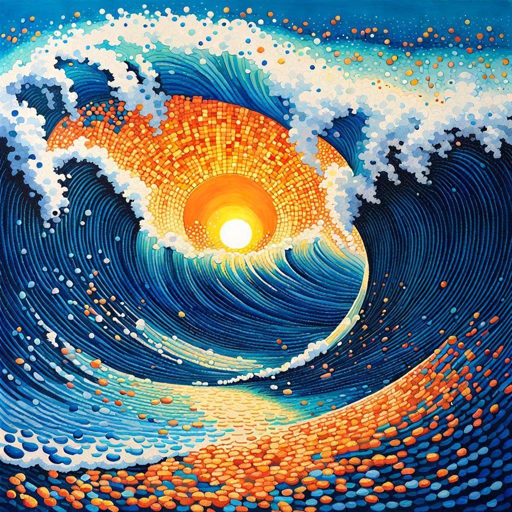 Giant Wave in Pointillist Dot-Art Style