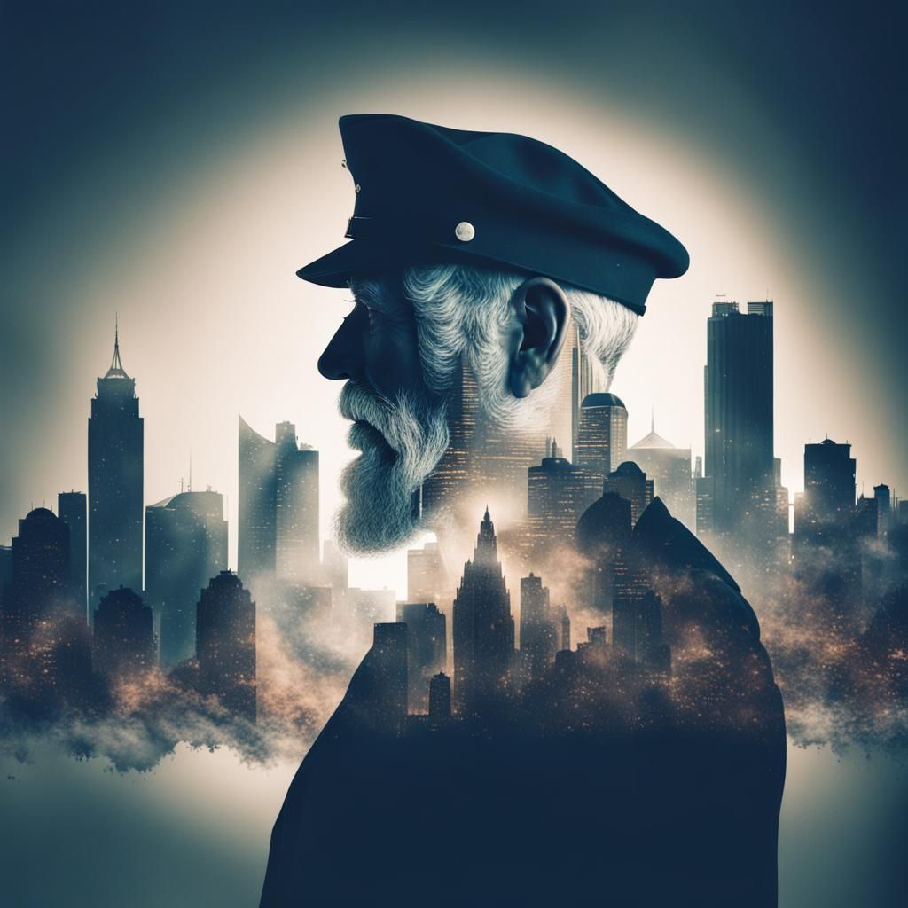 Cityscape Merged with Man's Silhouette in Double Exposure