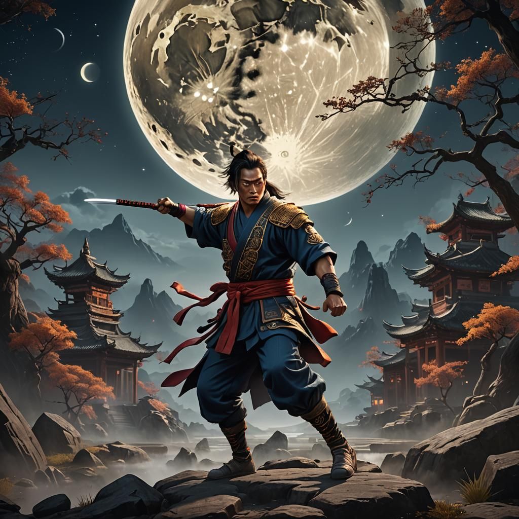 Martial Arts Hero in Moonlit Fantasy Art