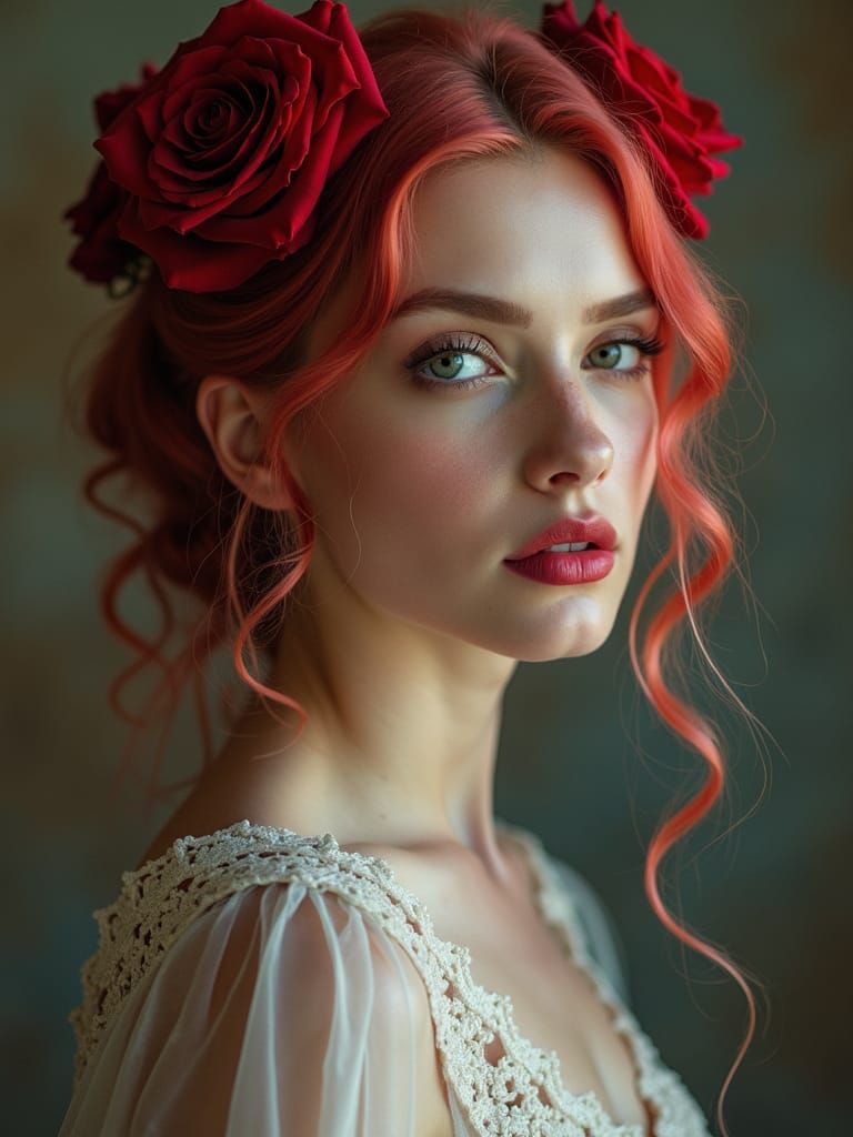 Rose-Haired Woman: High Fantasy Portrait