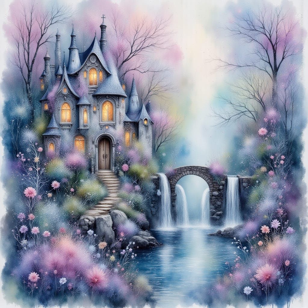 Ethereal Fairy House Watercolor with Lace Texture