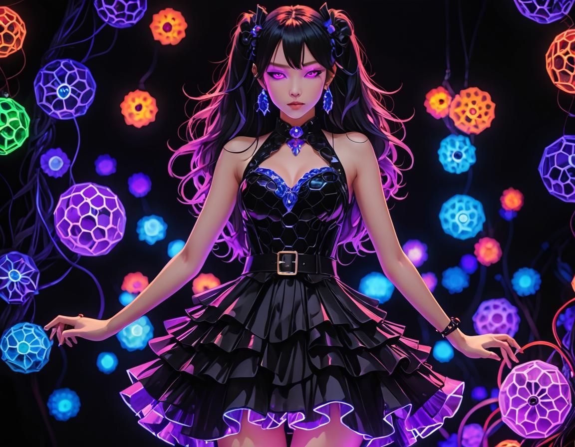 Pastel Goth Dress with Neon UV Black Light in 3D Anime Style