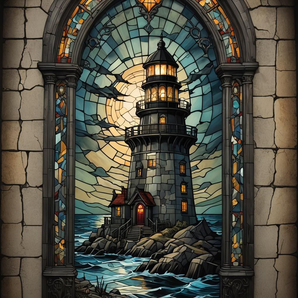 Scary Lighthouse Gothic Stained Glass Window