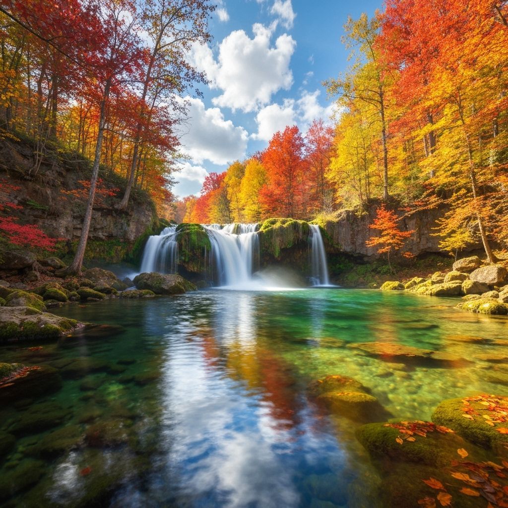 Majestic Autumn Waterfall in Wilderness Panorama