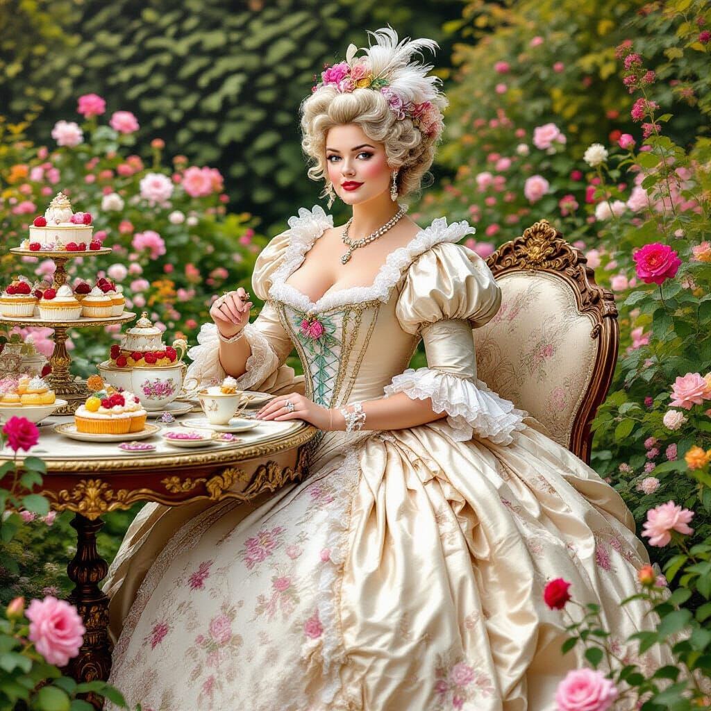 Marie Antoinette in English Garden, Arthur Rackham Style