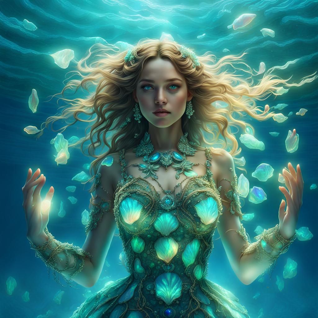 Opalescent Sea Goddess in Ornate Dress