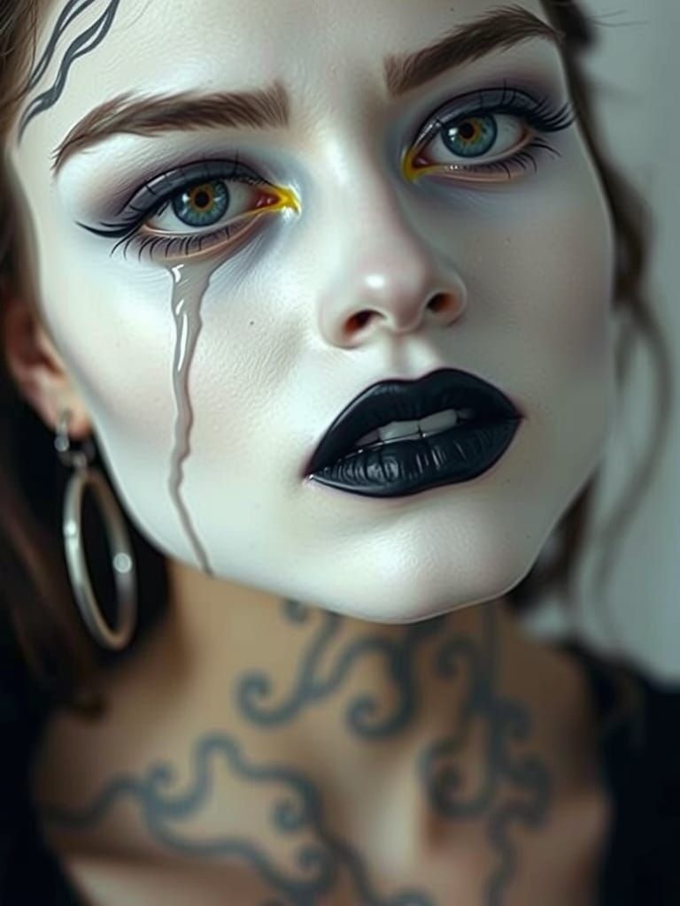 Gothic Woman in Mourning, Close-Up Portrait in Dramatic Make...