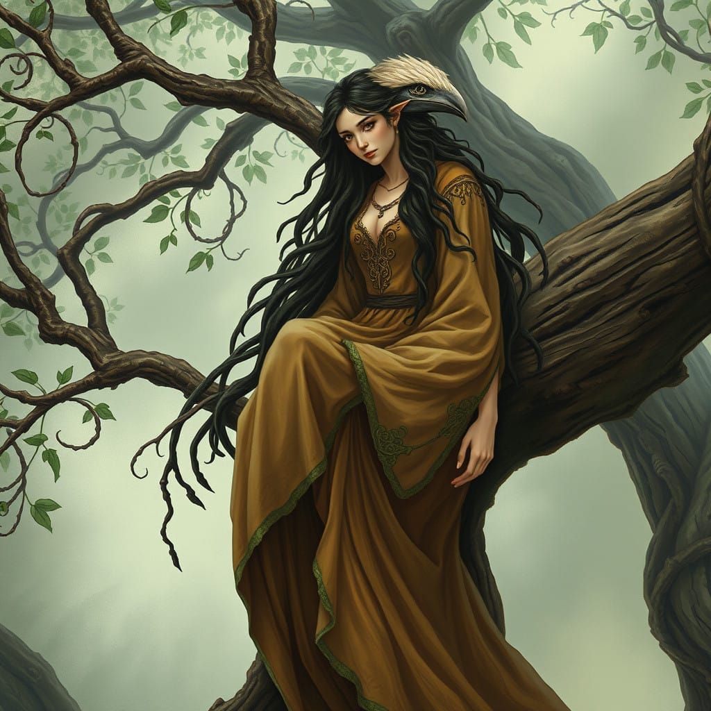 Mystical Nature Goddess Perched in a Dreamlike Landscape