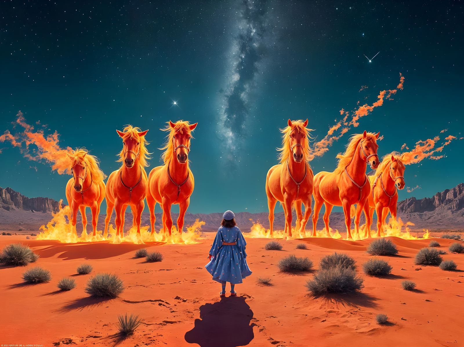 Ethereal Woman Stands Before Blazing Horses in Desert Night