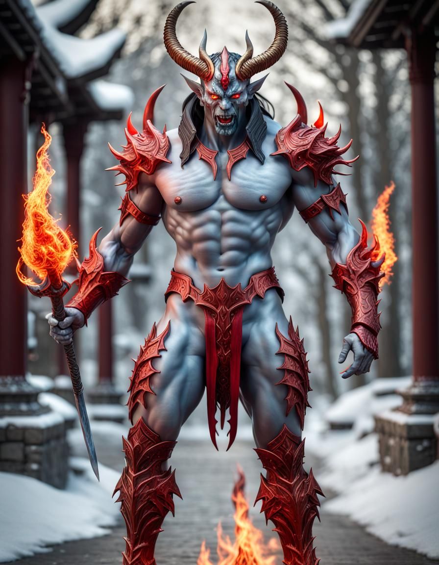 Photorealistic Ice Demon in Red Flame Armor