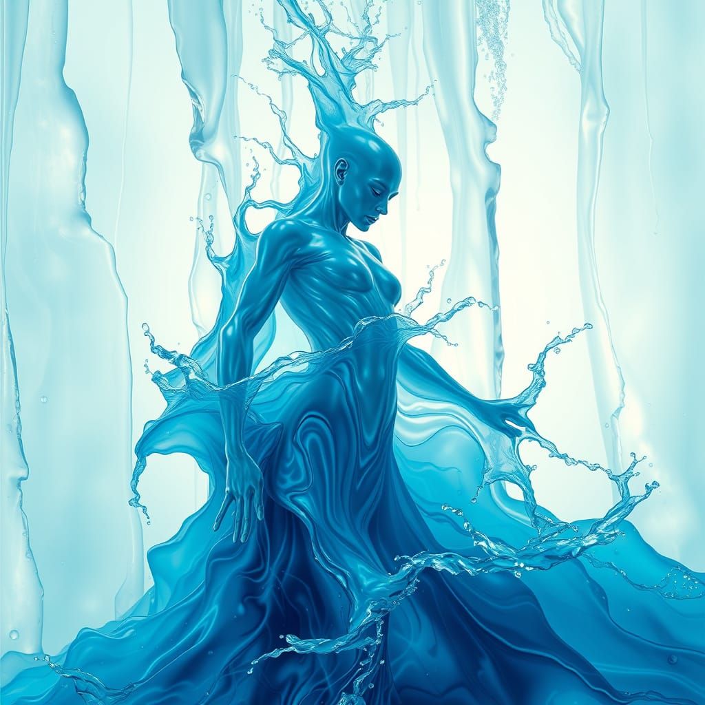 Ethereal Water Being Emerges from Iridescent Glassy Wave