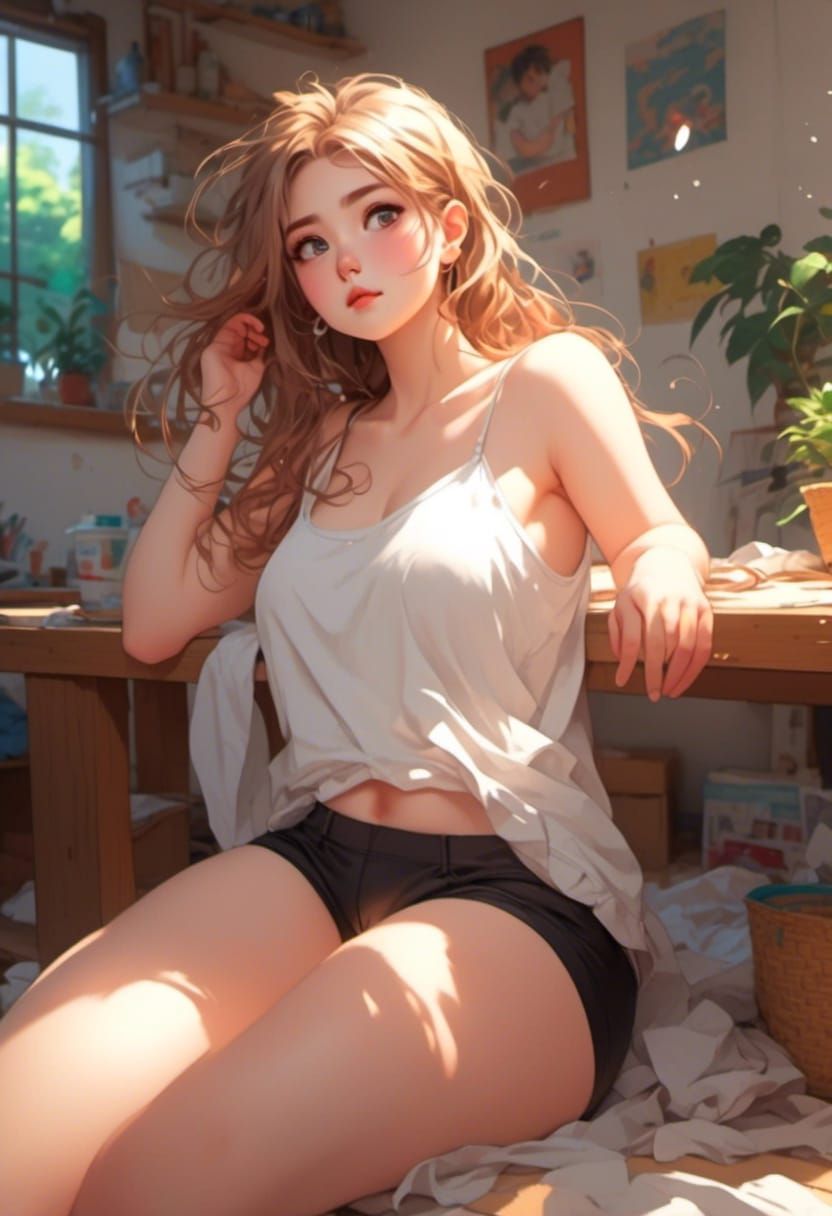 Chubby Anime Girl in White Camisole, Inked Style