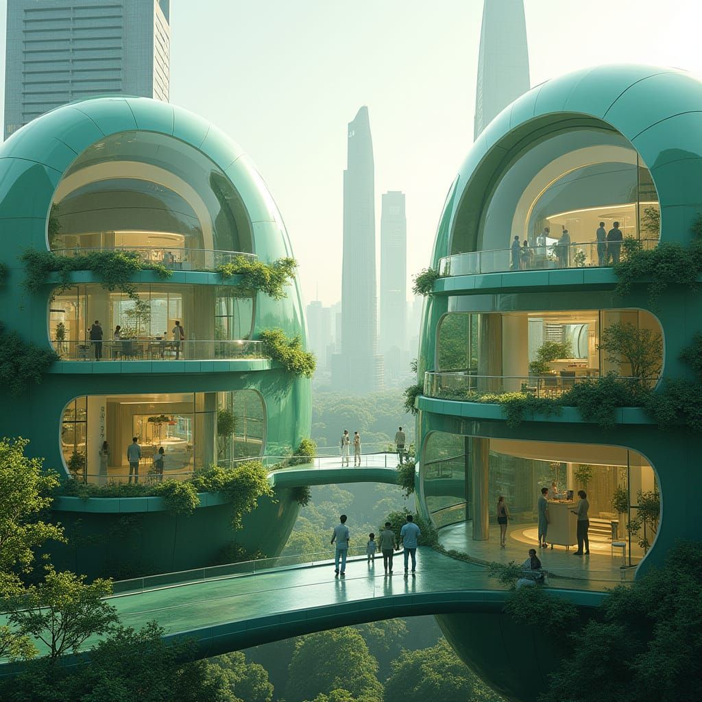 Ethereal Futuristic Eco Cityscape in Shimmering Grey Green P...