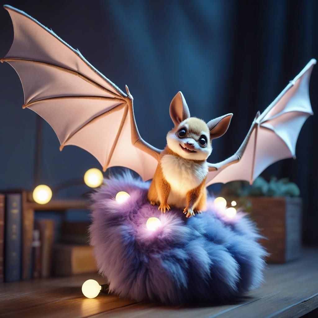 Flying Plush Bat with Doe Eyes in Cosmic Forest