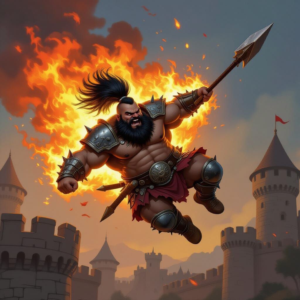Chubby Barbarian Launched at Castle in Fiery 2D Illustration
