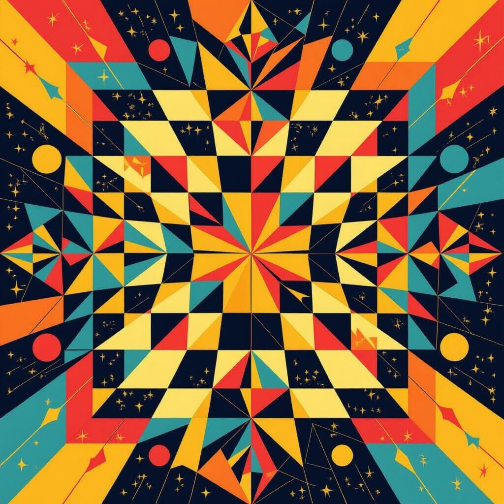 Geometric Chessboard in Vibrant Triadic Colors