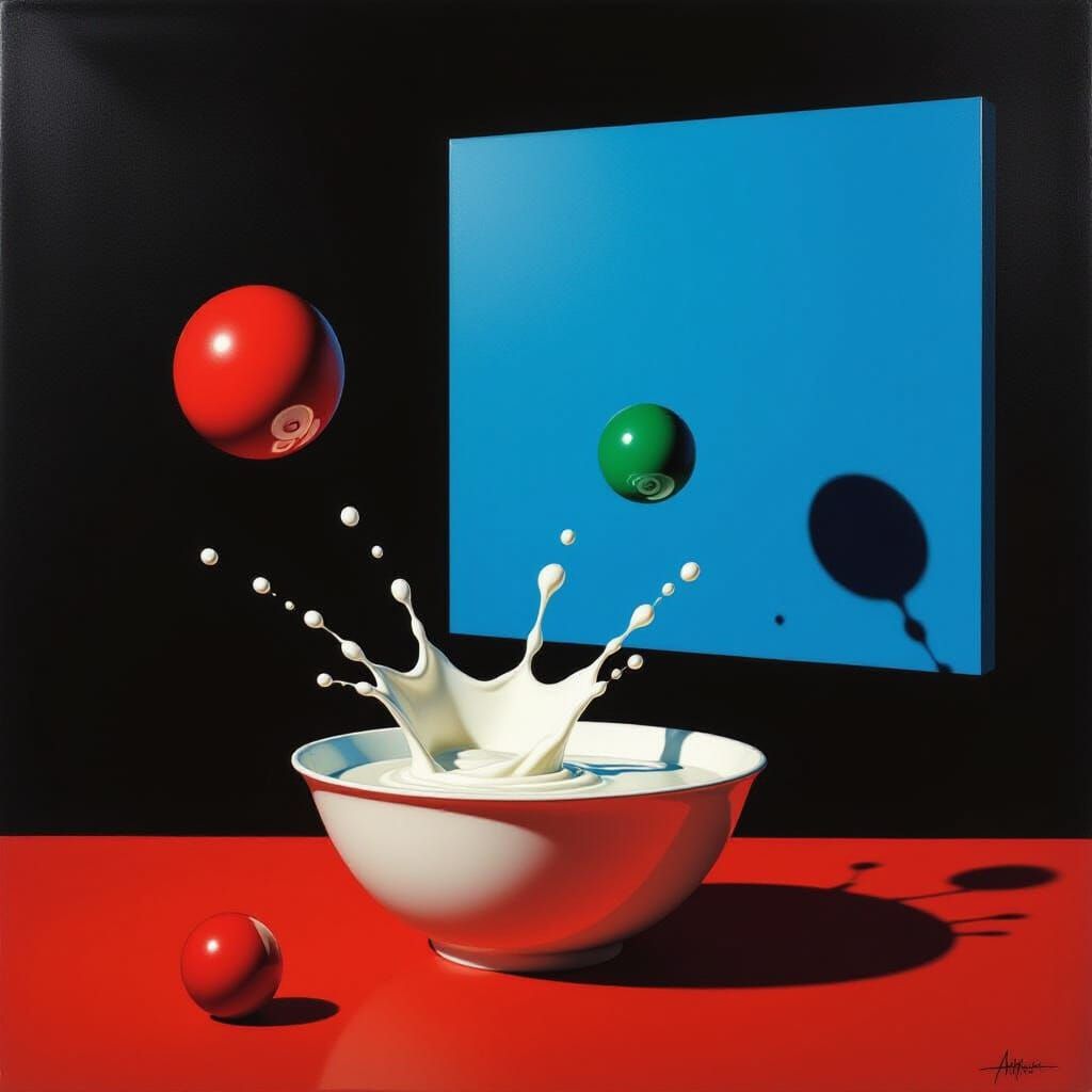 Surrealist Oil Painting of Falling Balls and Milk