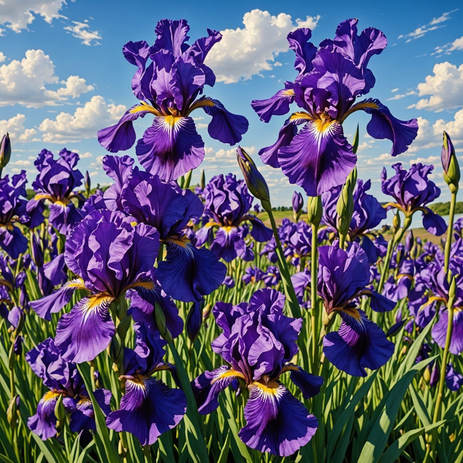 Vibrant Purple Irises against a Soothing Blue Sky