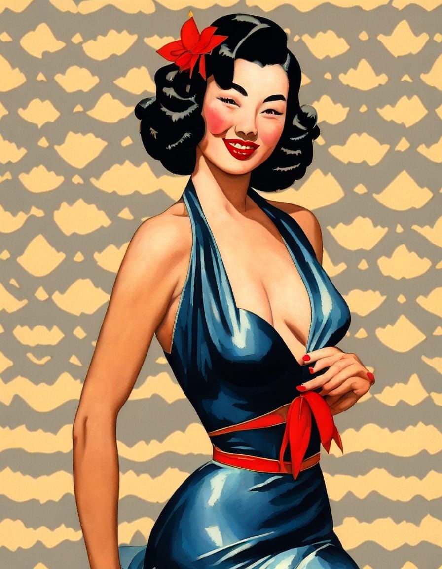 Alluring 1950s Japanese Pin-Up Girl in Vibrant Pin-Up Art
