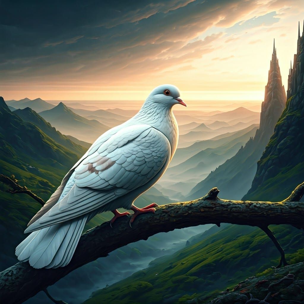 Majestic White Dove in Dreamlike Fantasy Landscape