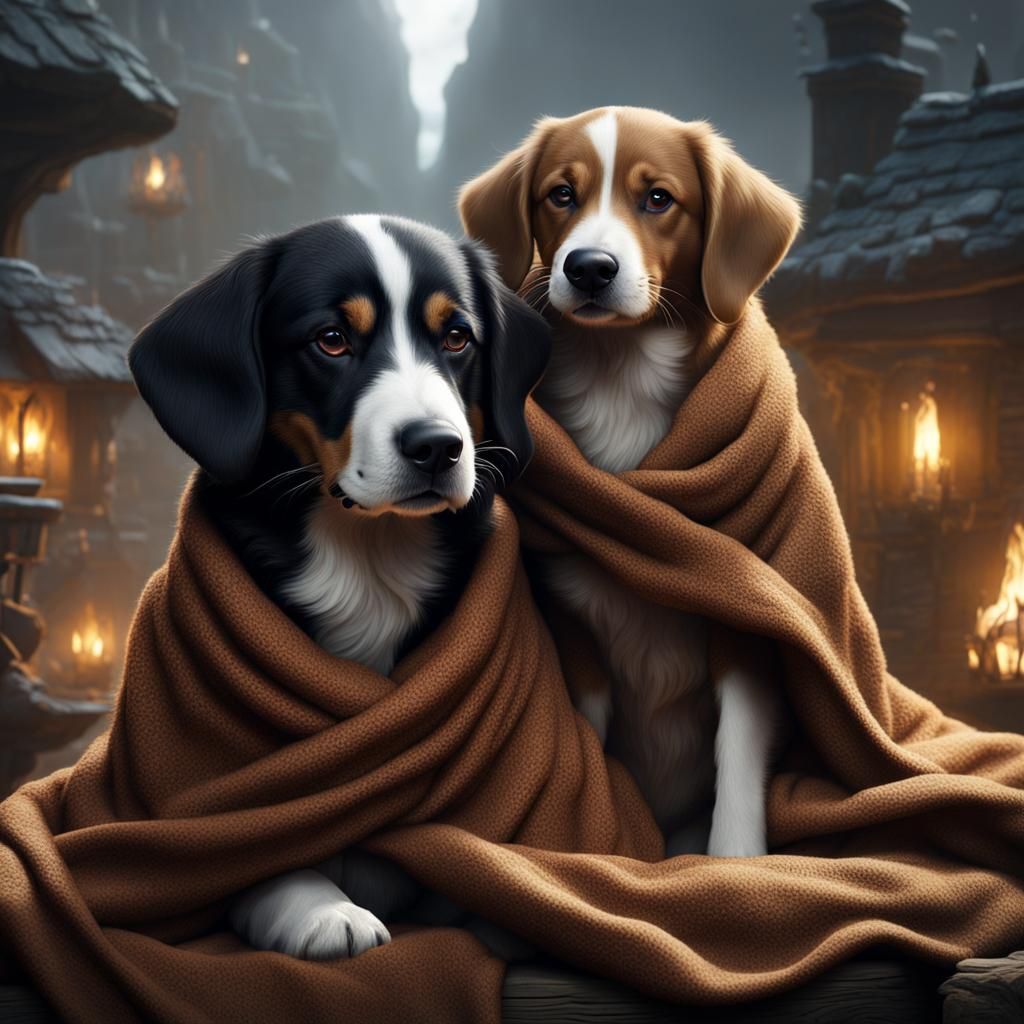 Dogs Cuddled in Blankets: Fantasy Concept Art