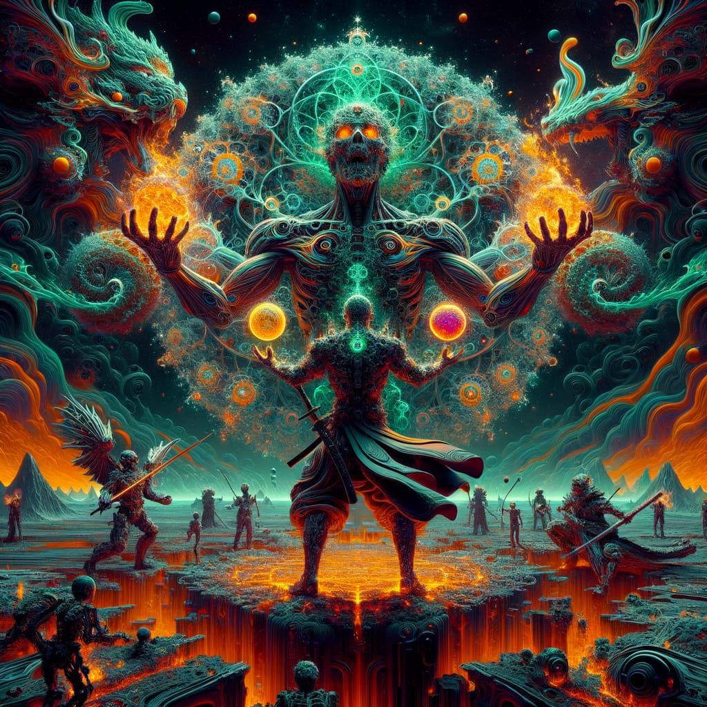 Cyborg Samurai Battles Nuclear-Infused Dragon on Burning Ali...