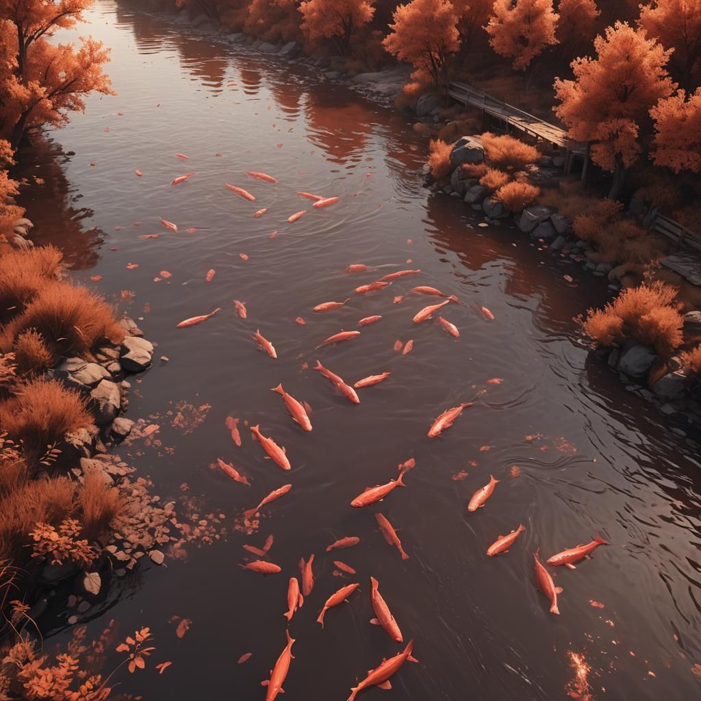 Salmon Swimming: Red Monochromatic Minimalist Matte Painting