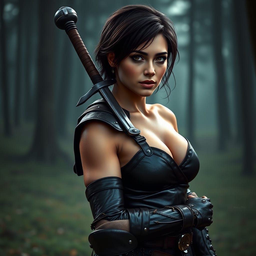 Hyperrealistic Female Knight in Rainy Forest