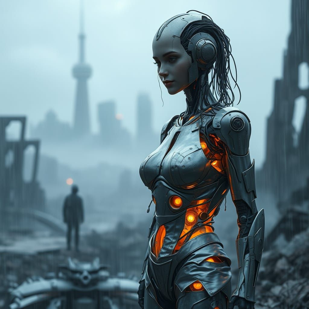 Resilient Android Protector in Ruined Cityscape