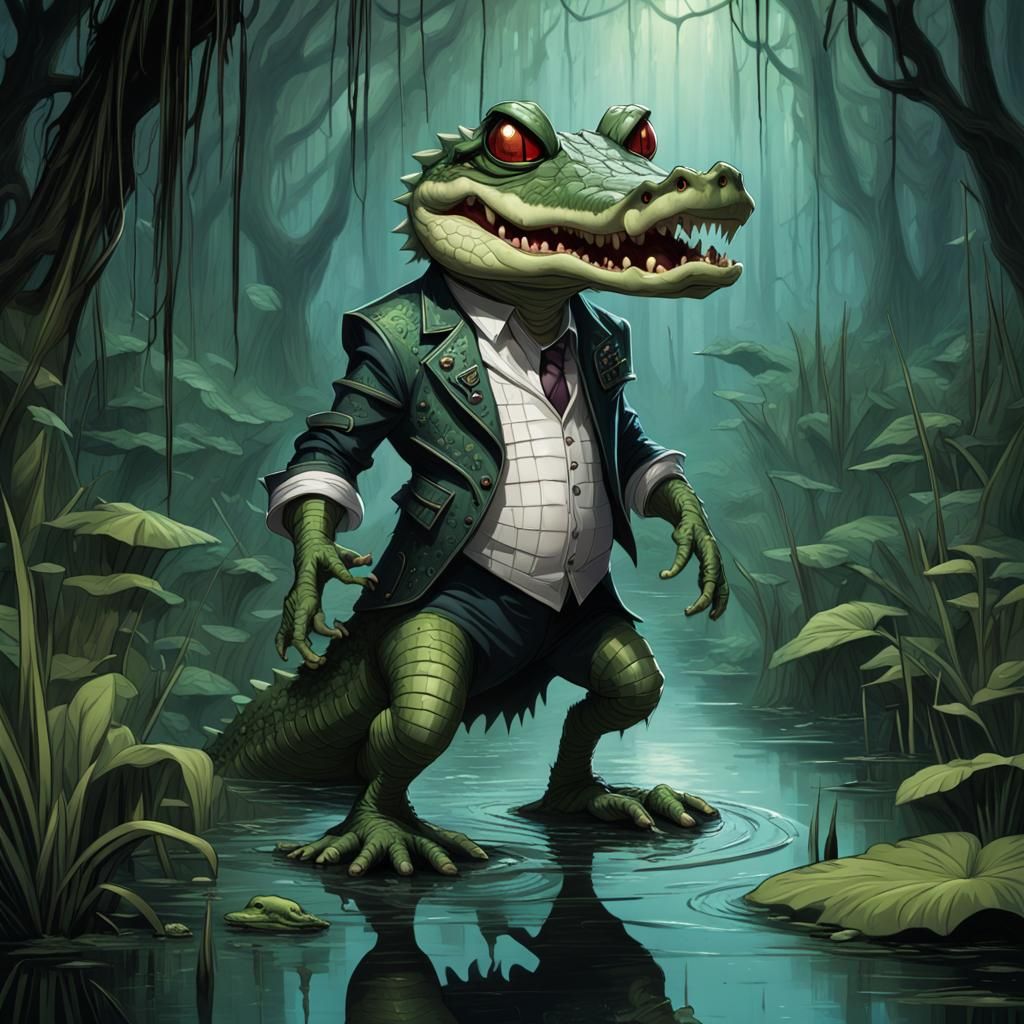 Cybernetic Crocodile Hybrid in Eerie Swamp