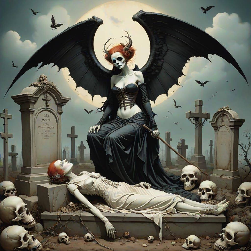 Macabre Graveyard Scene in Surreal Style