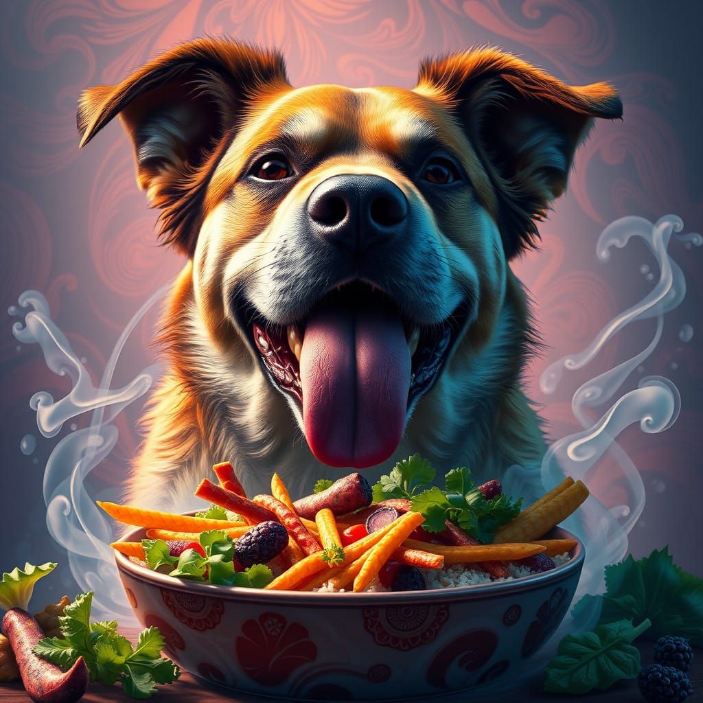 Hyper-Realistic Dog in Vibrant, Dreamlike Vegan Feast
