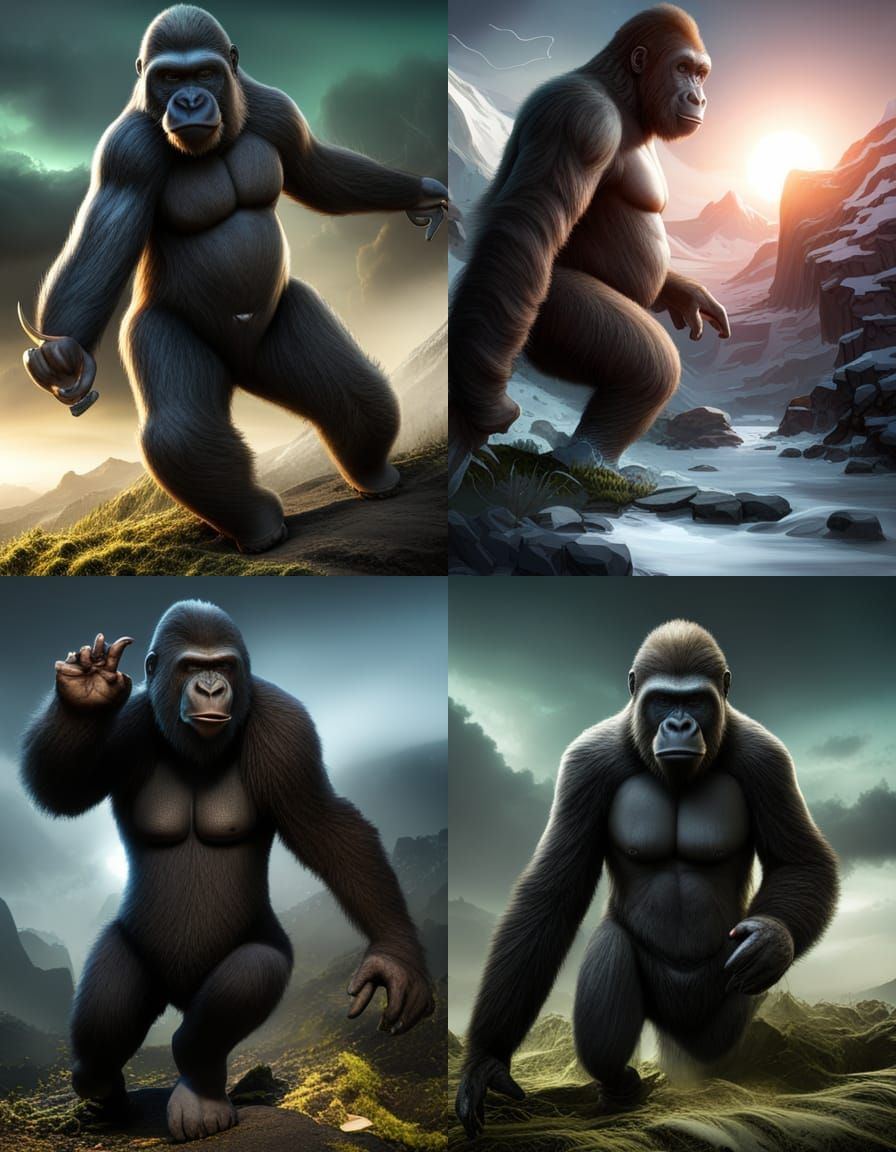 Fearsome Antlered Gorilla Charging: Detailed Digital Paintin...