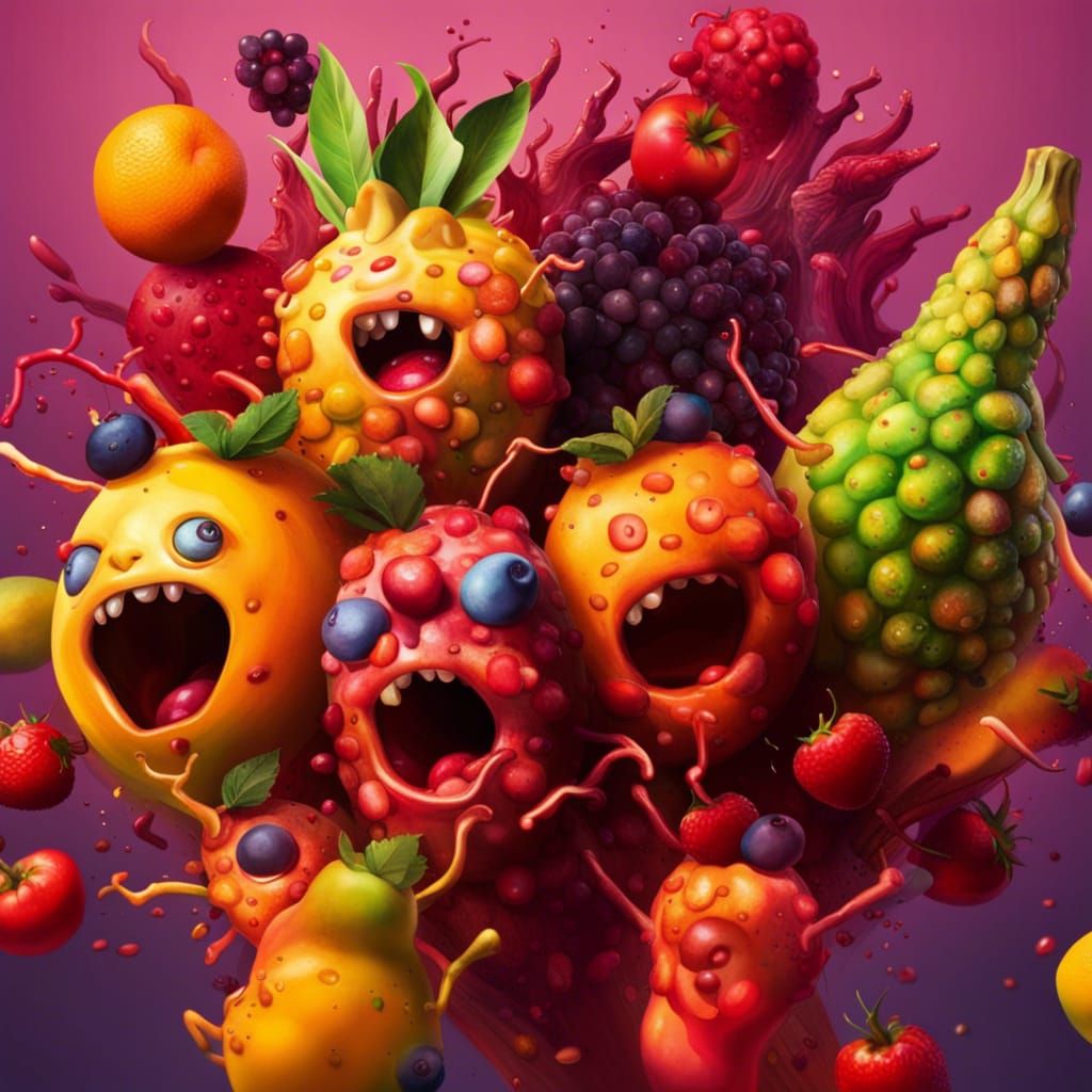 Horrifying Fruit People Dancing: Hyperrealistic Splash Art