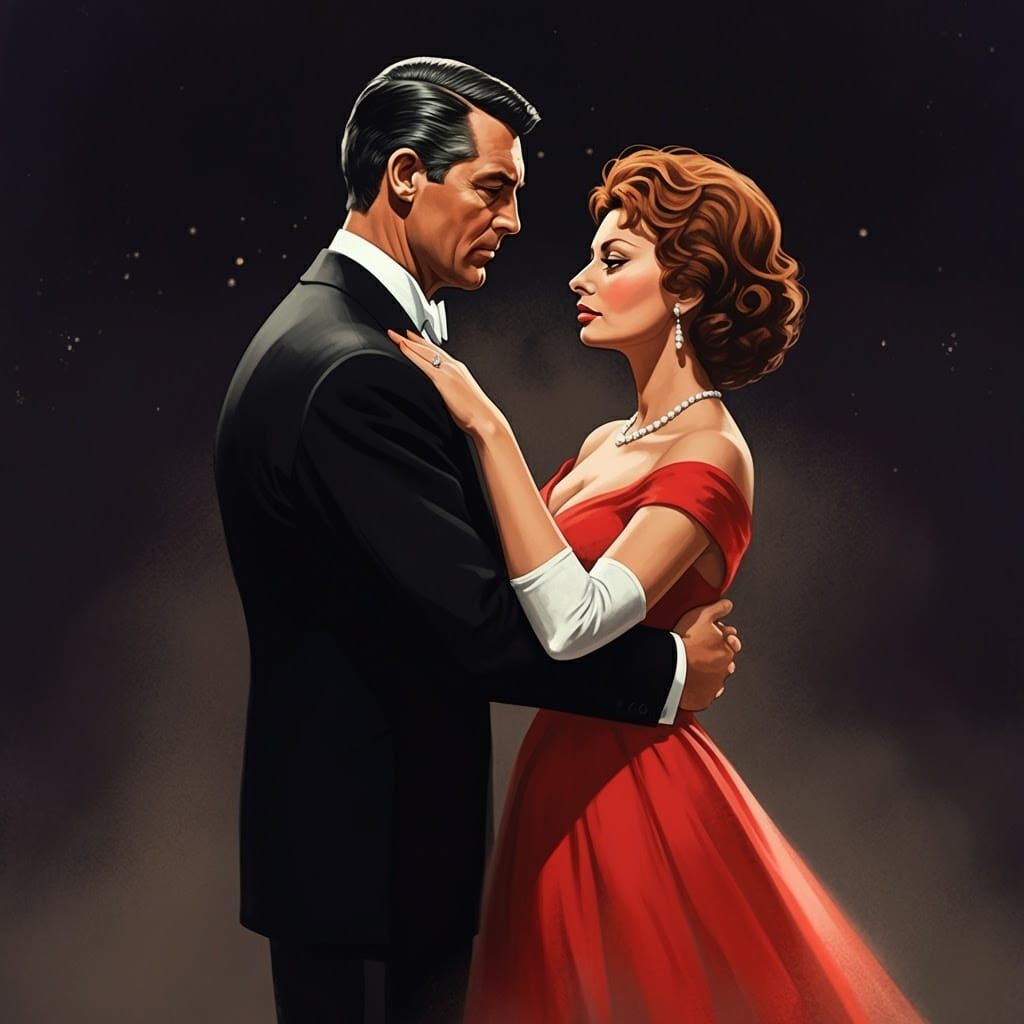 Cary Grant and Sophia Loren Dancing, Watercolor Illustration