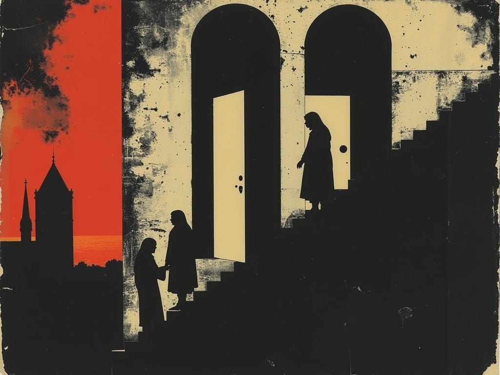 Dystopian Stairway with Robotic Androids at Sunset