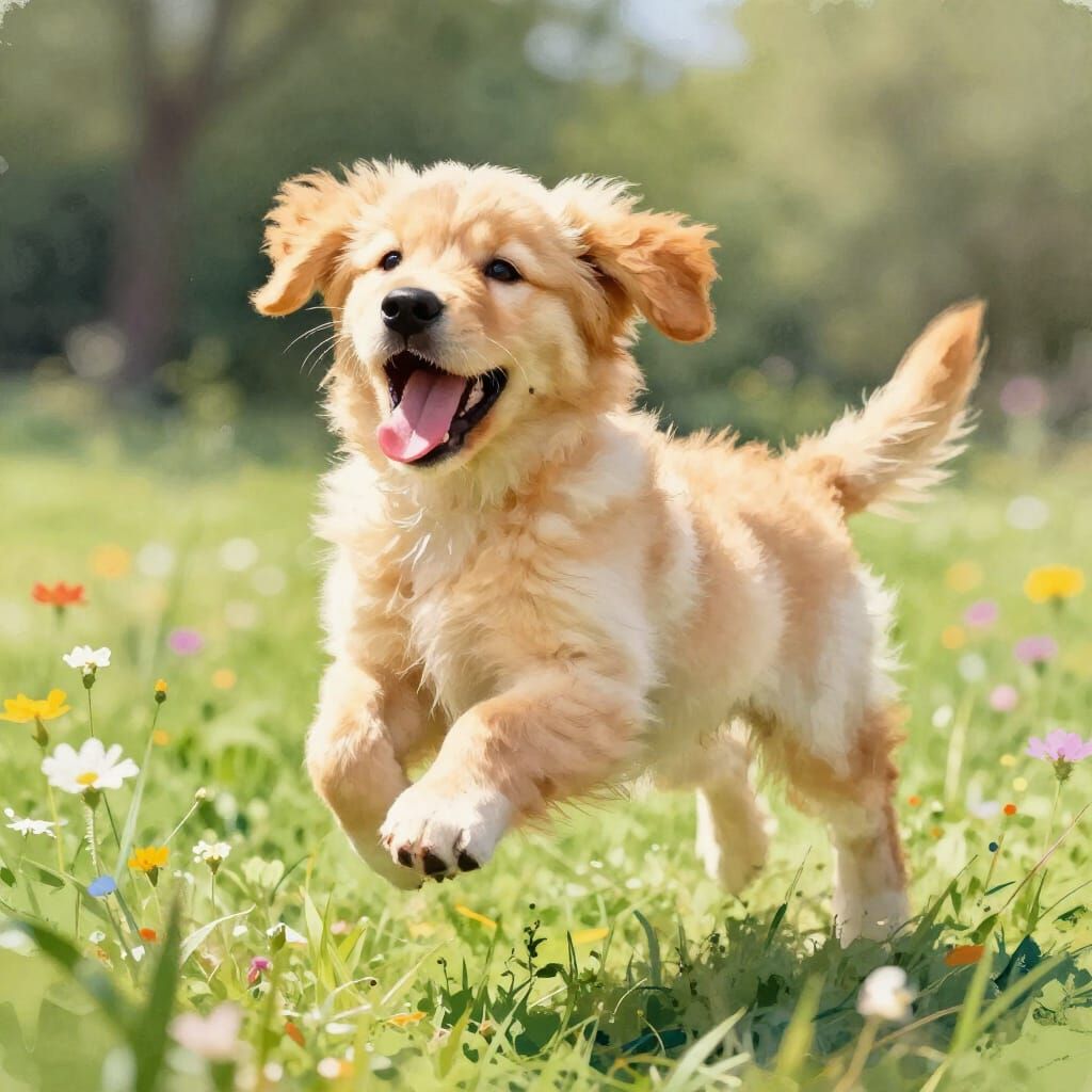 Joyful Golden Retriever Puppy Leaping in Sunlit Park Waterco...