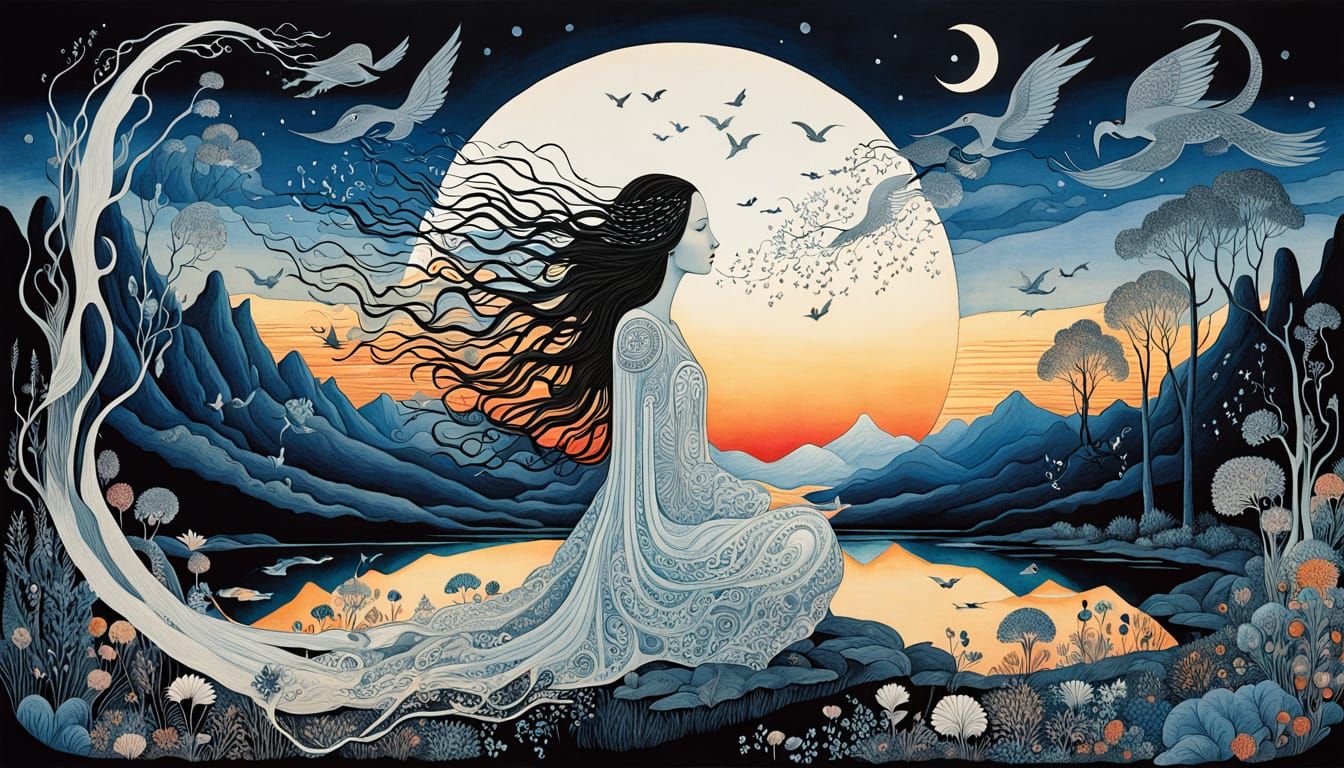 Surreal Sculpture of Woman in Sunset, Surrounded by Mythical...