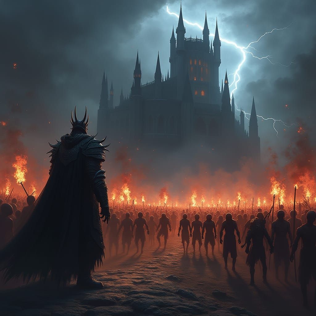 Gothic Castle Under Stormy Skies With Zombie Horde