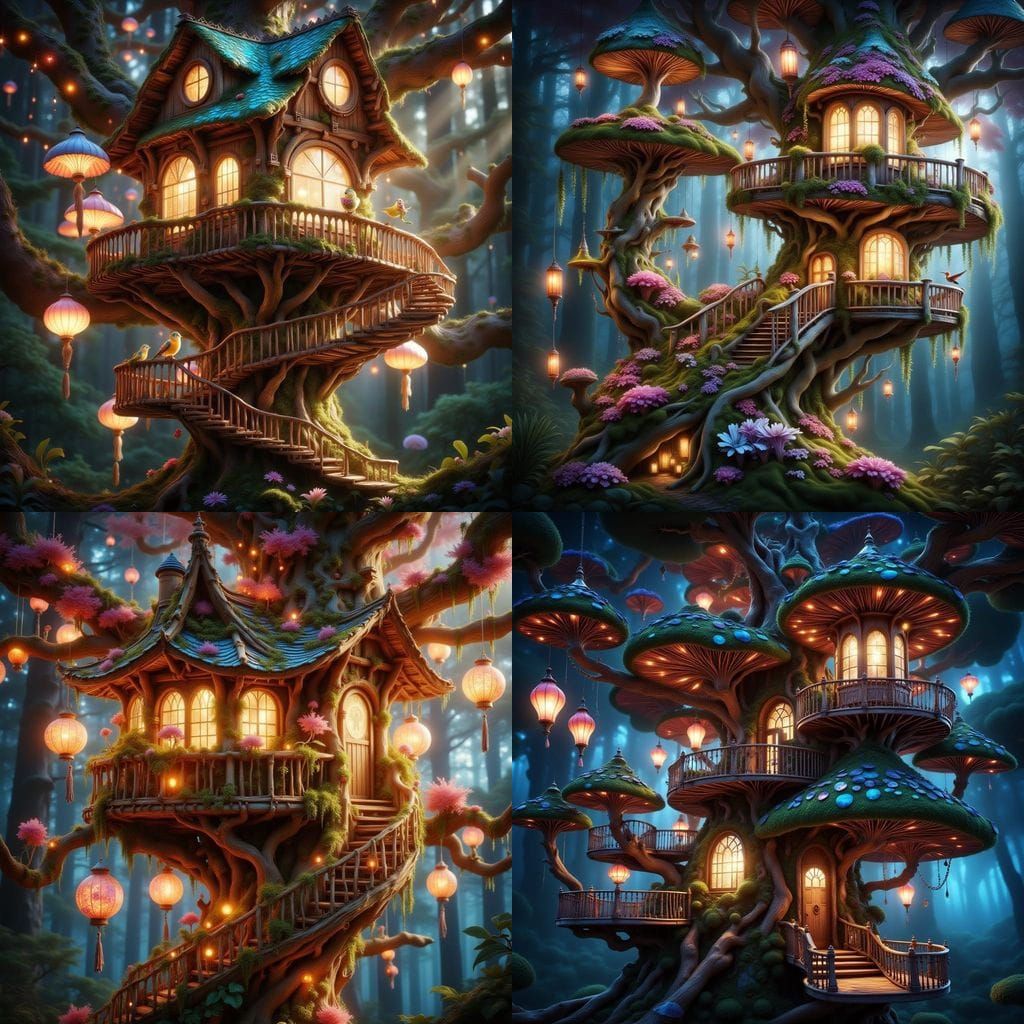 Enchanted Hummingbird Treehouse with Vibrant Lanterns