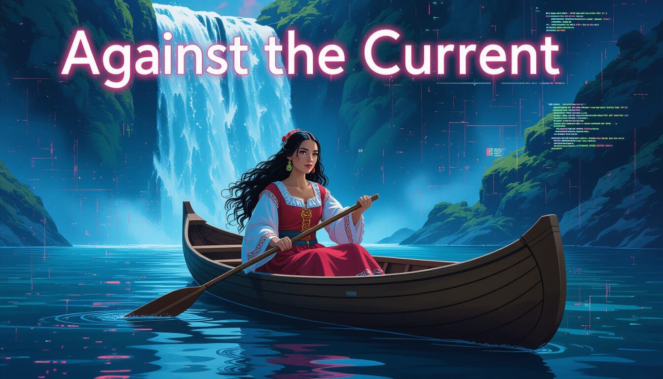 Toddler Rows Canoe Upstream in Glitch Art Style