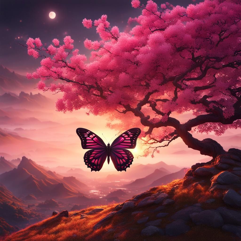 Sakura Butterfly in Chinese Landscape at Sunset