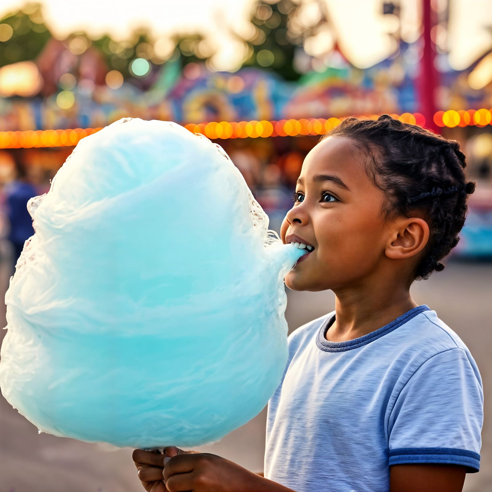 Child's Joy: Tasting Turquoise Cotton Candy at Funfair