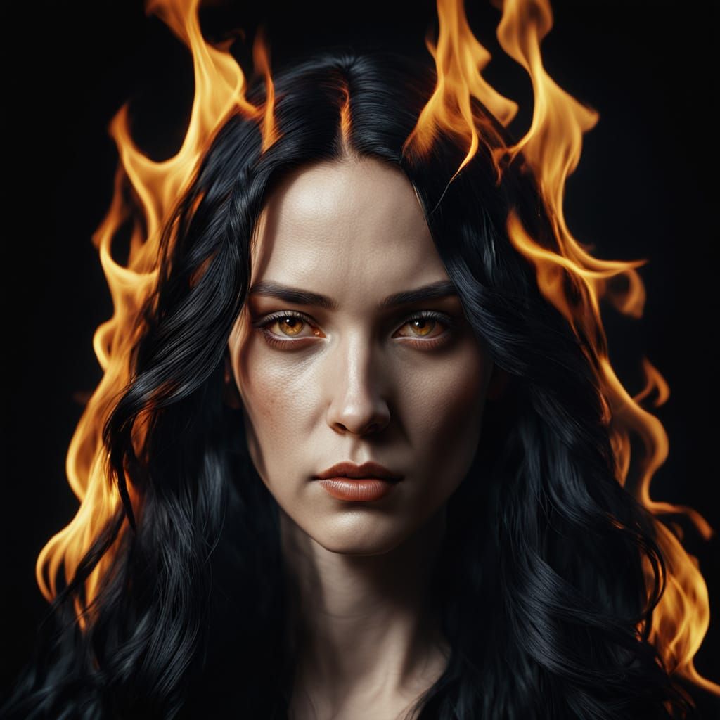 Woman with Burning Flames: A Photorealistic Portrait