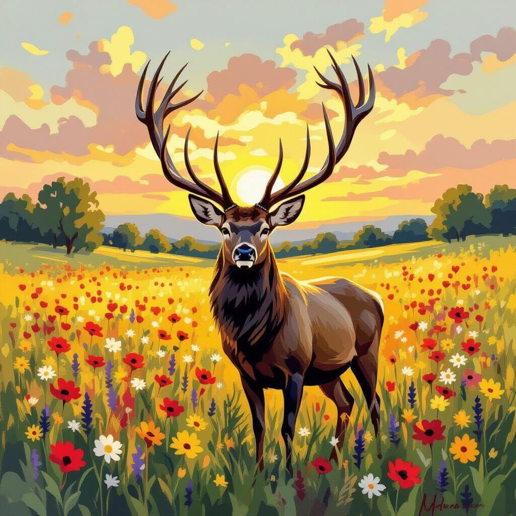 Majestic Stag in Sunlit Meadow, Fauvist Style