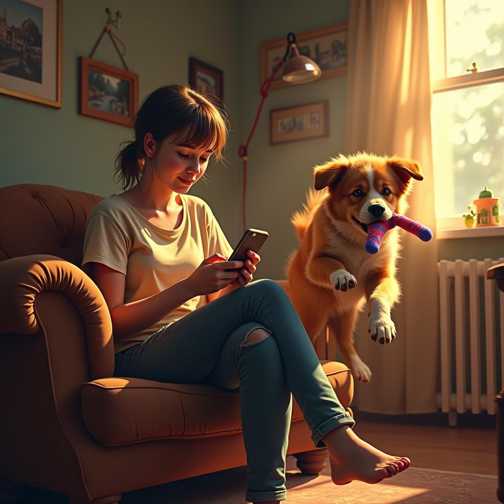 Dog Mischief: Woman, Dog and a Sock, Fantasy Art