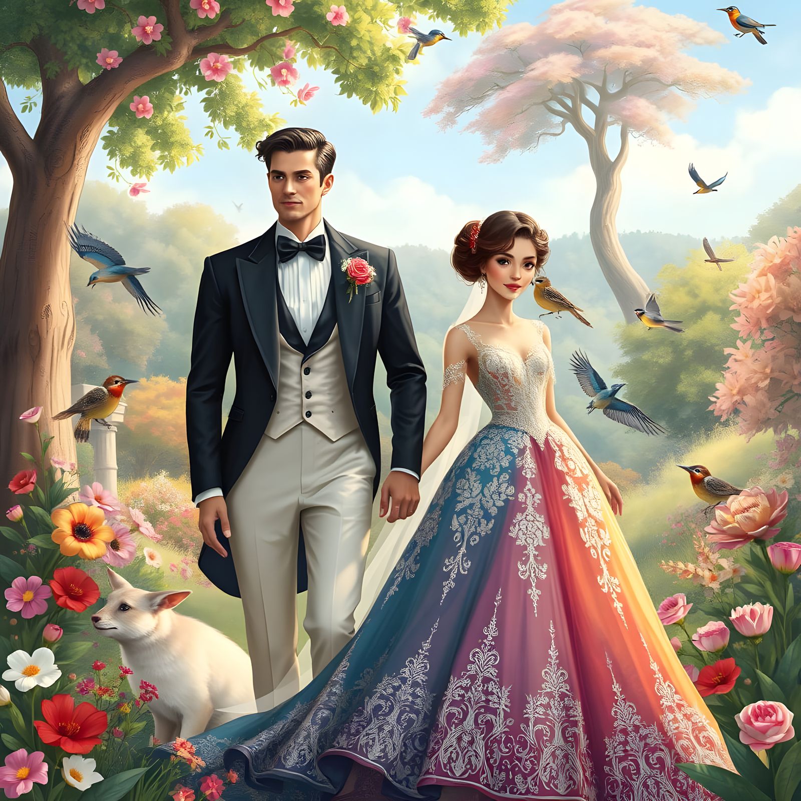 Romantic Couple in Elegant Attire with Vibrant Floral Settin...
