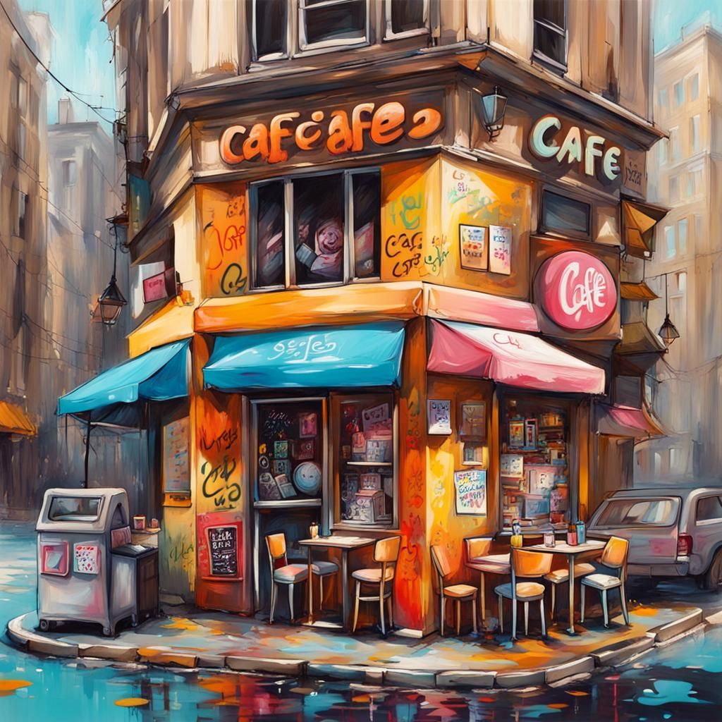 Adorable Cafe in Graffiti Splash Art Style