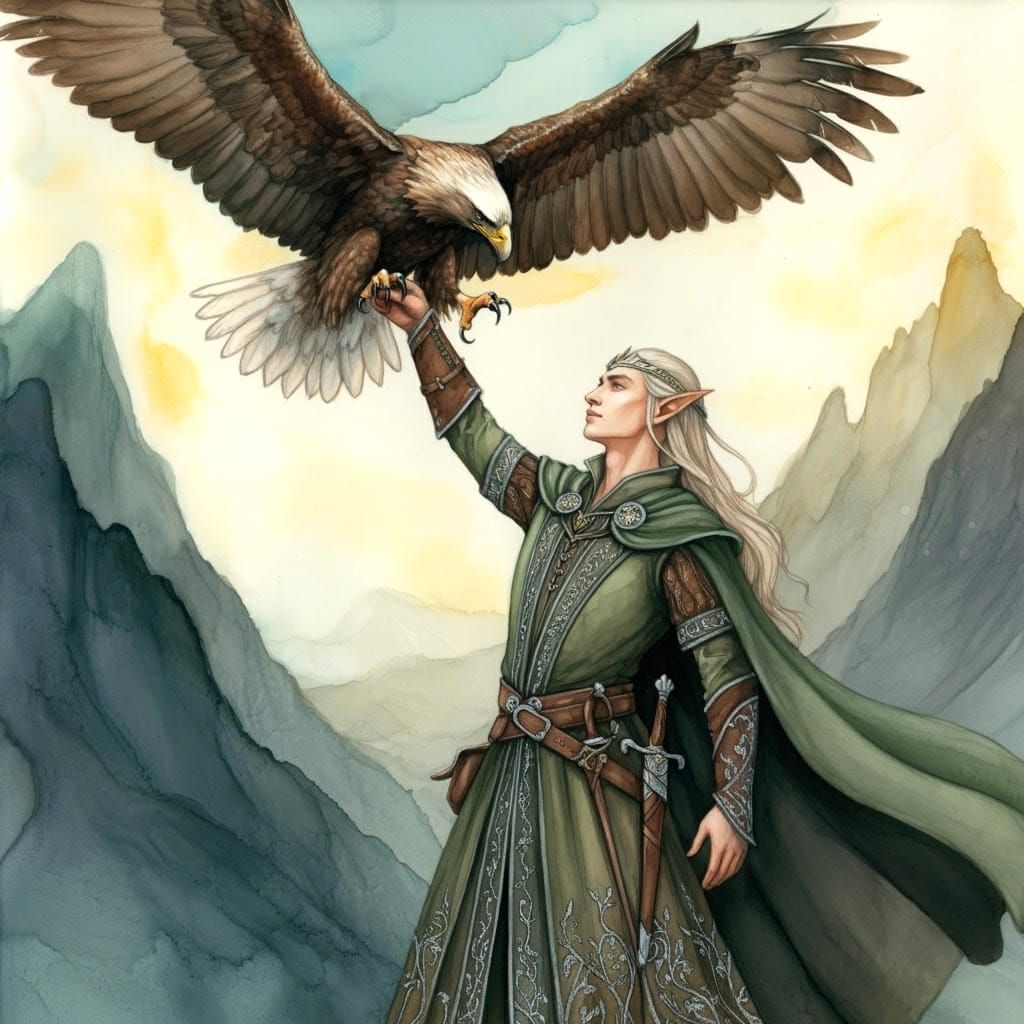 Elf Prince Releases Eagle Over Mountains in Fairy Tale Style